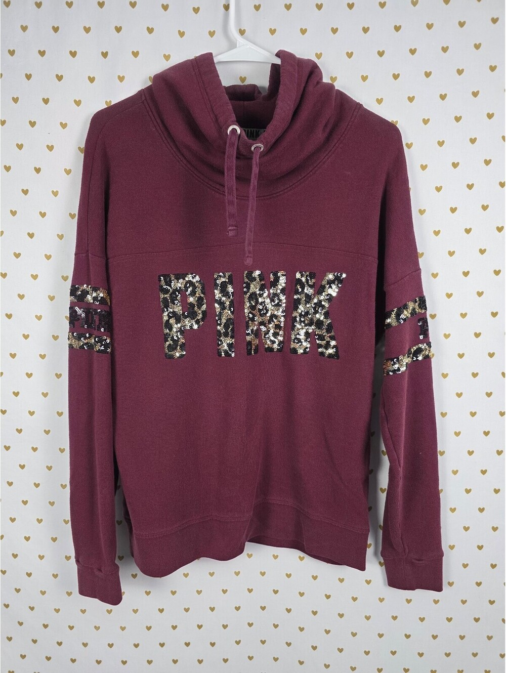 Victorias Secret Pink Cheetah Leopard BLING Cowl Neck Maroon Oversized Sweater M